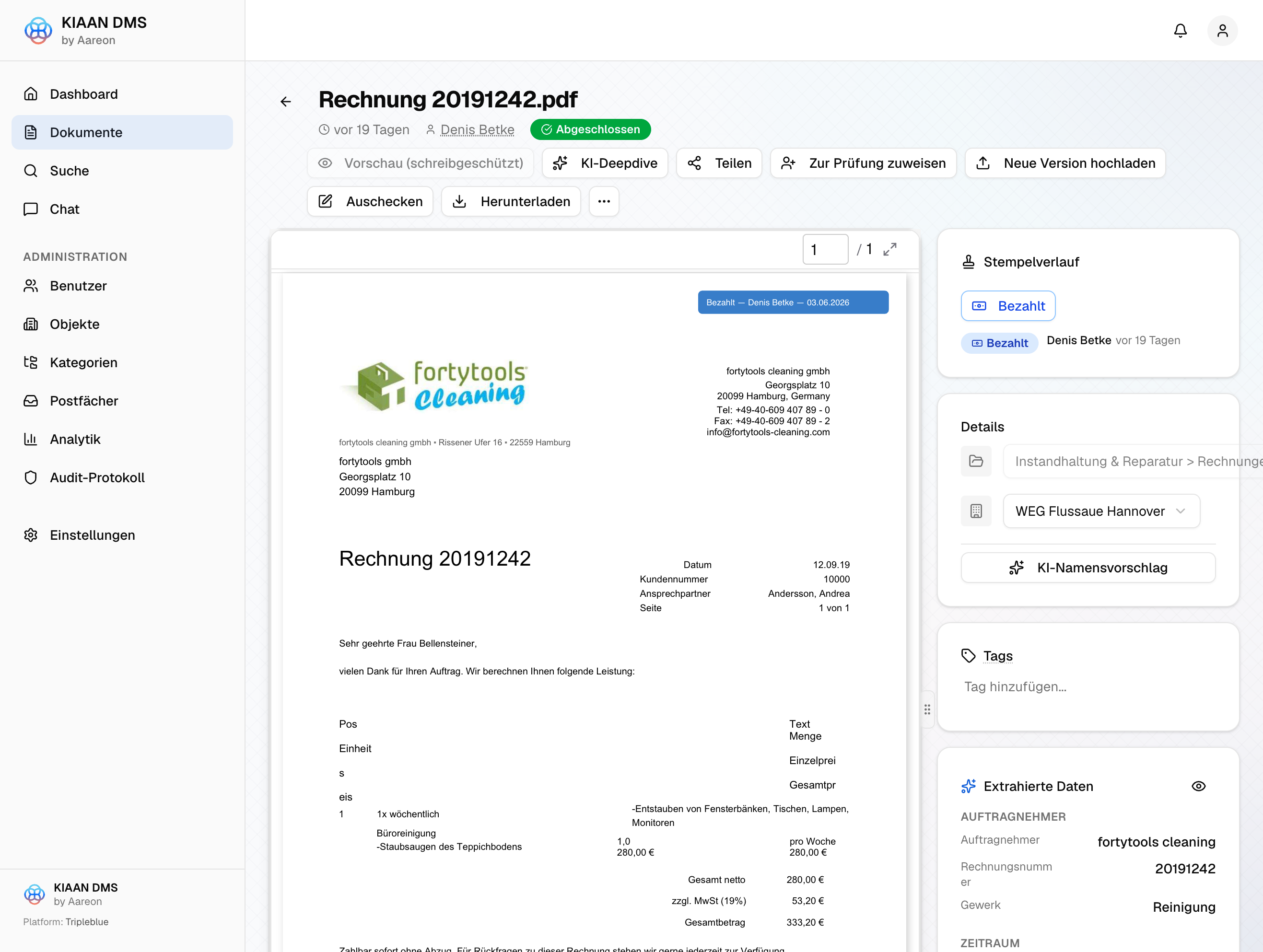 KIAAN DMS Dokumentenansicht mit extrahierten Daten