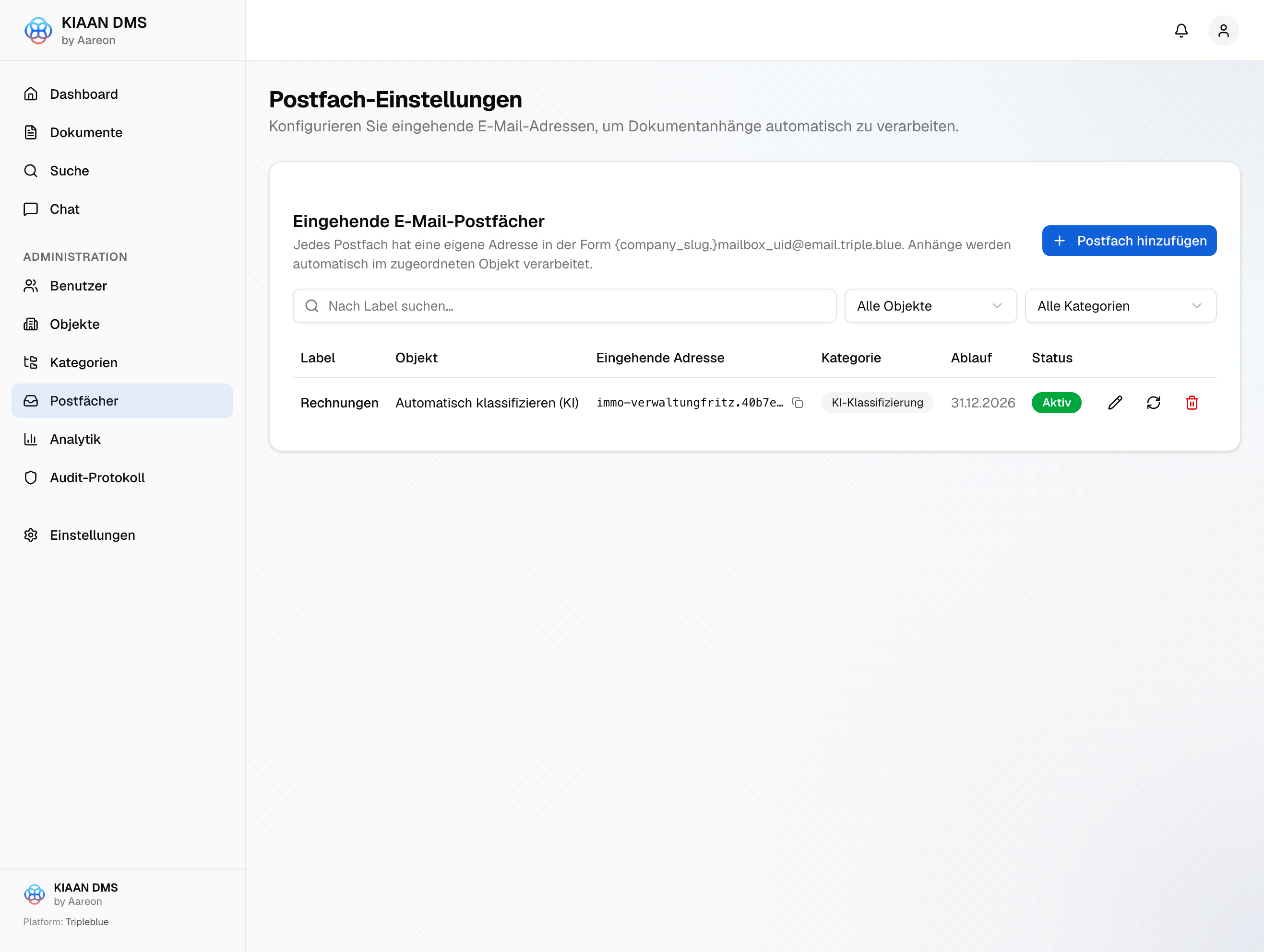 KIAAN DMS Postfach-Einstellungen
